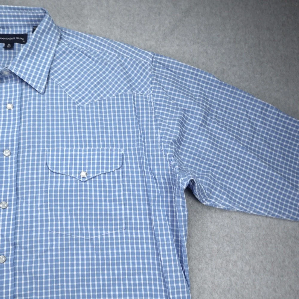 Panhandle Slim‎ Shirt Mens XL Blue Gingham Plaid Western Pearl Snap